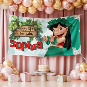 May include: A birthday banner featuring the text "Happy 4th Birthday Sophia" and a cartoon character in a green skirt and lei. The banner is decorated with tropical leaves and flowers. A cake and balloons are in the foreground.