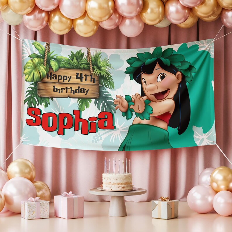 May include: A birthday banner featuring the text "Happy 4th Birthday Sophia" and a cartoon character in a green skirt and lei. The banner is decorated with tropical leaves and flowers. A cake and balloons are in the foreground.
