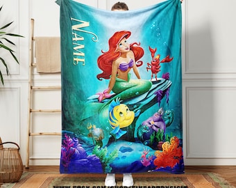 Personalized Little Mermaid Characters Blanket, Disney Ariel Kid Blanket, Disney Flounder Soft Blanket, Disney Sebastian Custom Throw