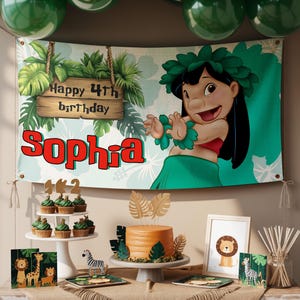 May include: A birthday party scene with a banner reading "Happy 4th birthday Sophia". The banner shows a cartoon character and tropical leaves. A cake, cupcakes, and other decorations with a jungle theme are also present.