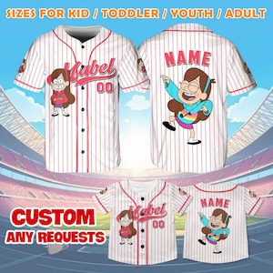 May include: White baseball jersey with red pinstripes, featuring a cartoon character design. The front displays the name "Mabel" and the number "00." The back has the name "NAME" and a character illustration. The text "SIZES FOR KID / TODDLER / YOUTH / ADULT" and "CUSTOM ANY REQUESTS" are also visible.