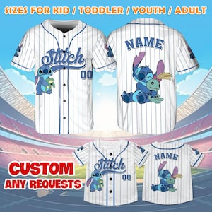 May include: White baseball jersey with blue stripes and a blue Stitch character holding a green alien. The jersey has the text "Stitch" and the number "00" on the front. The back of the jersey has the text "NAME".