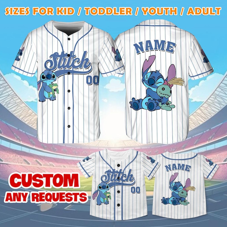 May include: White baseball jersey with blue stripes and a blue Stitch character holding a green alien. The jersey has the text "Stitch" and the number "00" on the front. The back of the jersey has the text "NAME".