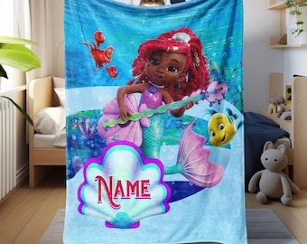 Personalized Jr. Ariel The Little Mermaid Blanket, Disney Ariel & Flounder Blanket, Custom Kid Name Blanket, Little Mermaid Blanket Gift