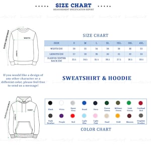 May include: Size chart for sweatshirts and hoodies with measurements in inches. Color chart with various colors including black, white, red, blue, green, and purple.