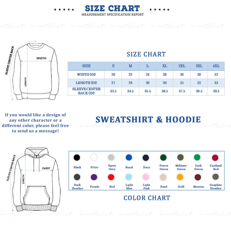 May include: Size chart for sweatshirts and hoodies with measurements in inches. Color chart with various colors including black, white, red, blue, green, and purple.