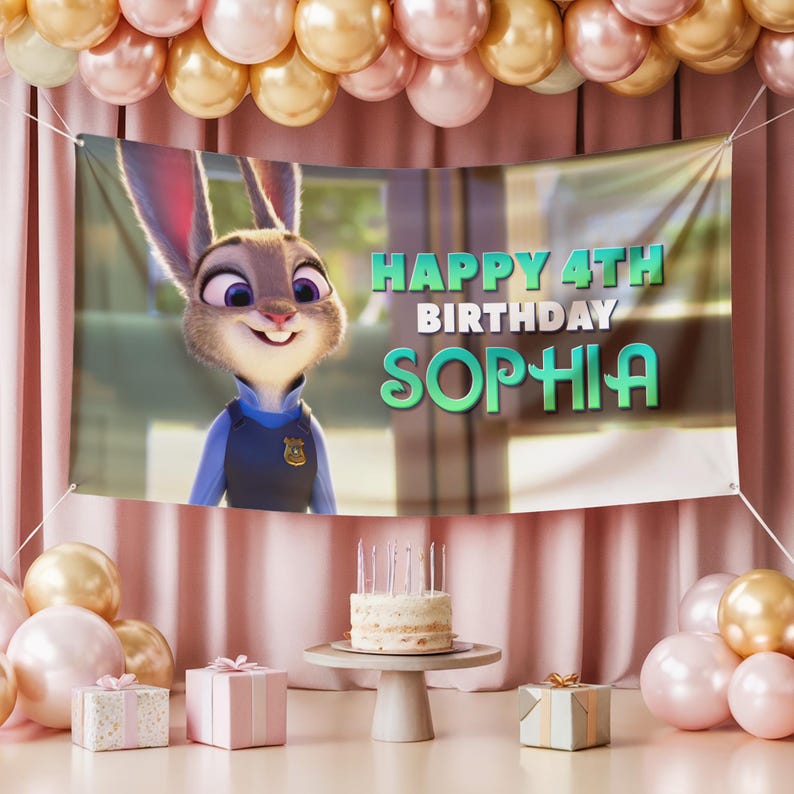 May include: A birthday banner featuring Judy Hopps from Zootopia, with the text "HAPPY 4TH BIRTHDAY SOPHIA" in green. The scene includes a cake with candles, balloons, and wrapped gifts, creating a festive atmosphere for a child's birthday celebration.