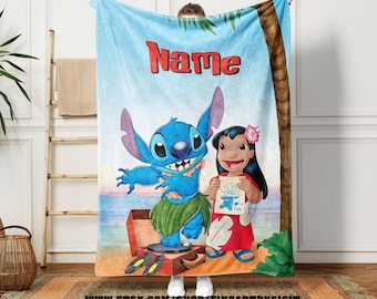 Personalized Lilo & Stitch Hawaiian Blanket, Disney Stitch Custom Name Blanket, Disney Nani Sherpa Blanket Gift, Disney Xmas Blanket Gift