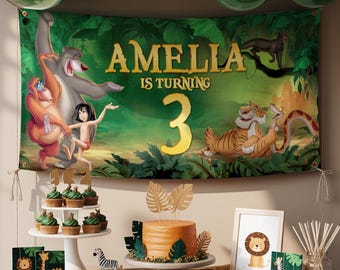 Custom Jungle Book Birthday Banner, Personalized Bagheera and Mowgli Decoration, Bare Necessities Party Theme, Kids Name Age Wall Art