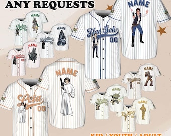 May include: Custom baseball jerseys with various Star Wars character designs. The jerseys are white with pinstripes and feature characters like Han Solo, Leia, and Yoda. Text on the jerseys includes "NAME" and character names. The image also includes the text "CUSTOM ANY REQUESTS" and "KID / YOUTH / ADULT BASEBALL JERSEY".