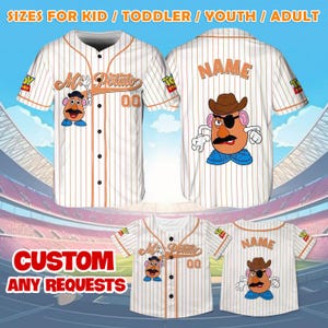 May include: White and orange striped baseball jersey with a cartoon image of Mr. Potato Head on the front and the text "Mr. Potato" and "00". The back of the jersey has the text "NAME".