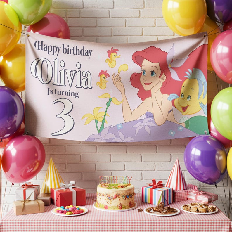 May include: A birthday party scene with a banner featuring Ariel from The Little Mermaid, balloons, gifts, and a cake. The banner reads "Happy birthday Olivia is turning 3." The table is set with a red and white checkered tablecloth.