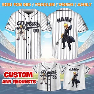 May include: White baseball jerseys with black pinstripes. The front of the jersey has the name "Rocas" and the number "00" with a character graphic. The back has the name "NAME" and a character graphic. The text "SIZES FOR KID / TODDLER / YOUTH / ADULT" is at the top.