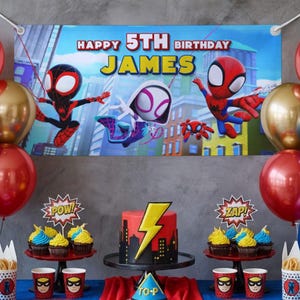 May include: A birthday party scene with a banner that reads "Happy 5th Birthday James" featuring Spider-Man characters. The table is decorated with a cake, cupcakes, and balloons in red, yellow, and blue.