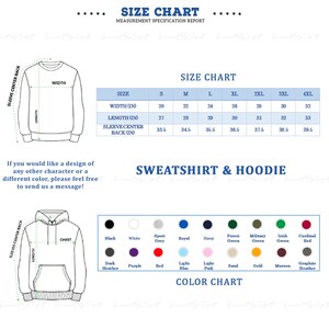 May include: A size chart for sweatshirts and hoodies, with measurements in inches. The chart includes sizes S to 4XL, detailing width, length, and sleeve center back measurements. A color chart displays available colors.