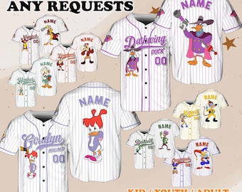 May include: White baseball jerseys with cartoon character designs. The jerseys feature pinstripes, button-up fronts, and character graphics. Text on the jerseys includes "CUSTOM ANY REQUESTS", "KID/YOUTH/ADULT BASEBALL JERSEY", and character names.