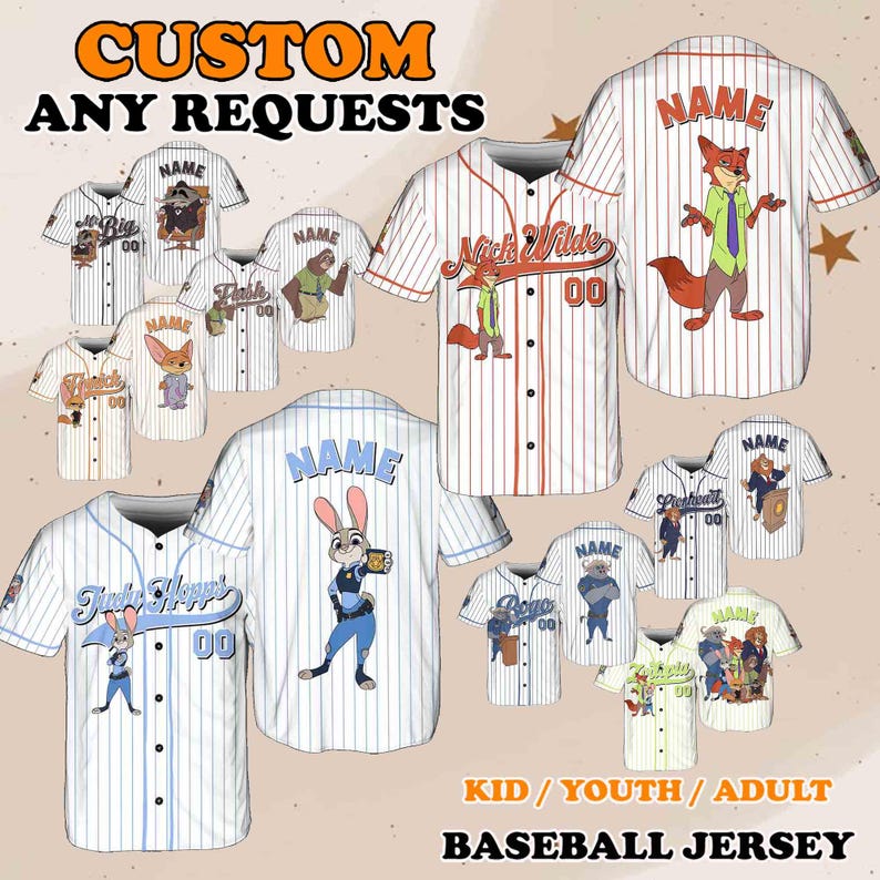 Puede incluir: Una colecci&oacute;n de camisetas de b&eacute;isbol personalizables con personajes de la pel&iacute;cula animada Zootopia. Las camisetas est&aacute;n disponibles en una variedad de colores y tama&ntilde;os, y se pueden personalizar con un nombre y un n&uacute;mero. Las camisetas son perfectas para los fans de la pel&iacute;cula o cualquier persona que busque una prenda &uacute;nica y elegante.
