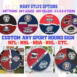 May include: A collection of round wooden signs with various sports team logos and designs. The signs are painted in different colors, including red, blue, white, and black. The text on the signs includes "House Divided", "Backstop Boys", "Warriors", "Rive", "Monsoon", "Checkers", "Abbot", and "Reunion".