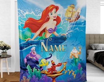 Personalized Little Mermaid Blanket, Disney Ariel Custom Name Blanket, Disney Ursula Blanket Gift, Disney Animal Lovers Blanket Gift