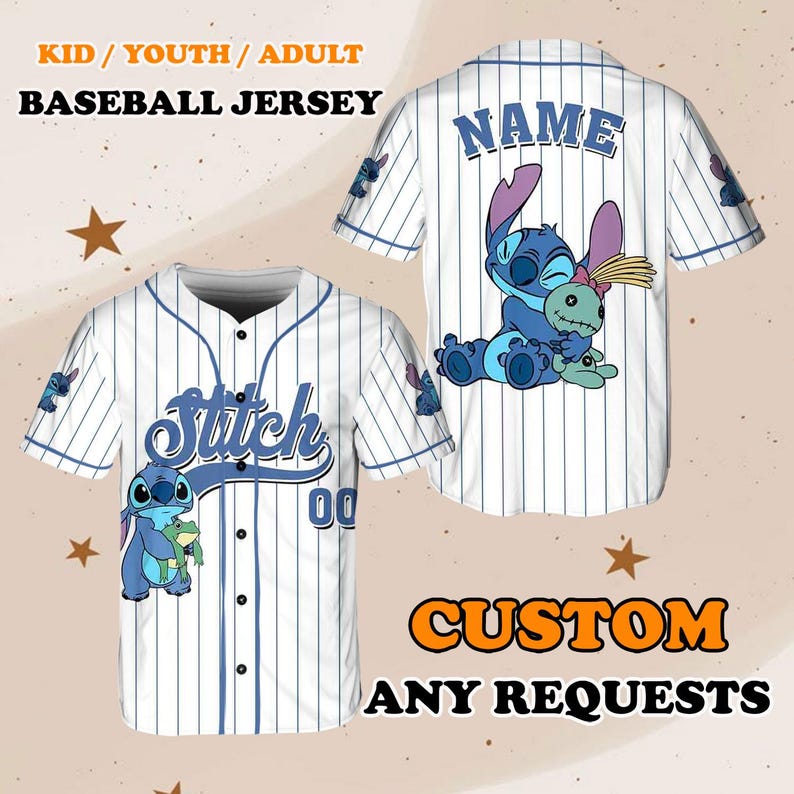 May include: White baseball jersey with blue stripes and a blue Stitch character holding a green alien doll. The jersey has the word "Stitch" in blue cursive writing and the number "00" in blue. The back of the jersey has the word "NAME" in blue letters.