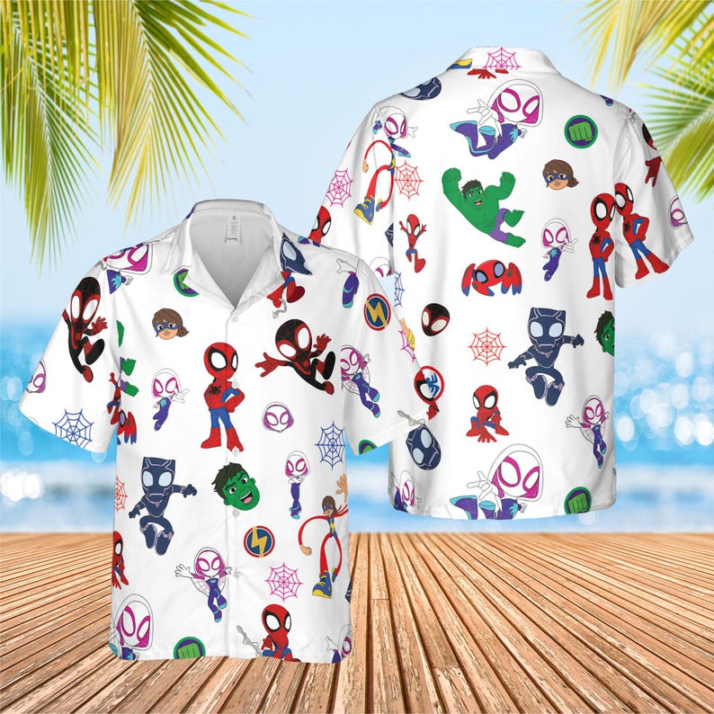 May include: A white short-sleeve button-down shirt featuring an all-over print of various cartoon superheroes, including Spider-Man, Hulk, and Black Panther, interspersed with red and blue spider web icons and circular emblem graphics.