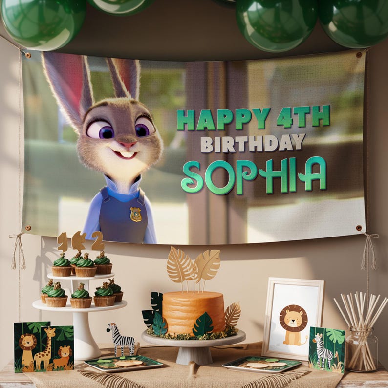 May include: A party scene with a banner featuring Judy Hopps from Zootopia and the text "HAPPY 4TH BIRTHDAY SOPHIA." The table displays cupcakes, a cake, and framed animal illustrations. Green balloons are visible.
