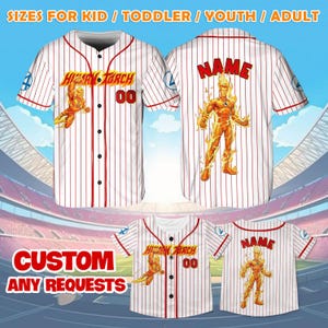 May include: White and red pinstripe baseball jerseys with a cartoon superhero graphic. The jerseys have the text "Human Torch" and "00" on the front. The back of the jersey has the text "NAME" and a superhero graphic. The image also includes the text "CUSTOM ANY REQUESTS".