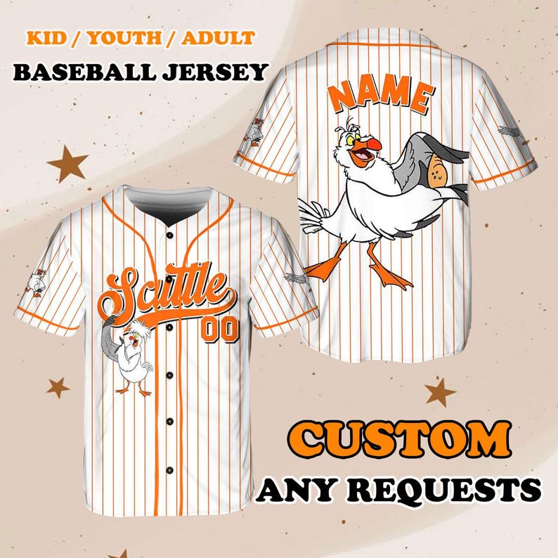 May include: White and orange baseball jersey with a cartoon seagull graphic and the text "Scuttle 00" on the front. The back of the jersey has the text "NAME" on it. The jersey is available in kid, youth, and adult sizes.