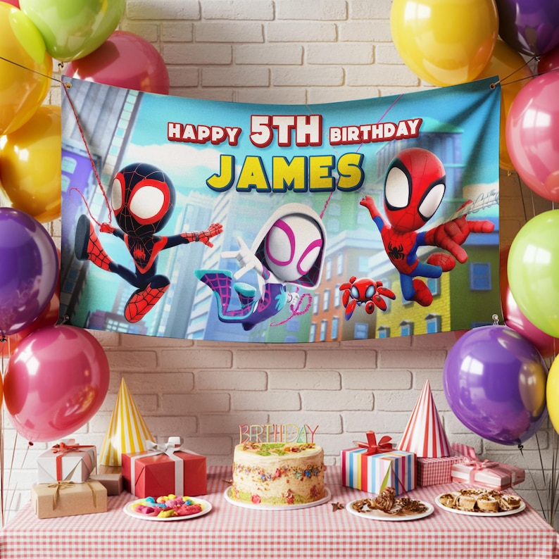 May include: A birthday party scene with a banner that reads "Happy 5th Birthday James" featuring Spider-Man characters. Colorful balloons, gifts, a cake, and party hats are on a table covered with a red and white checkered tablecloth.