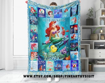 Custom The Little Mermaid Blanket, Ariel Princess Fleece Blanket, Ariel Lovers Blanket, Disneyland Princess Birthday Gift, Gift For Kids