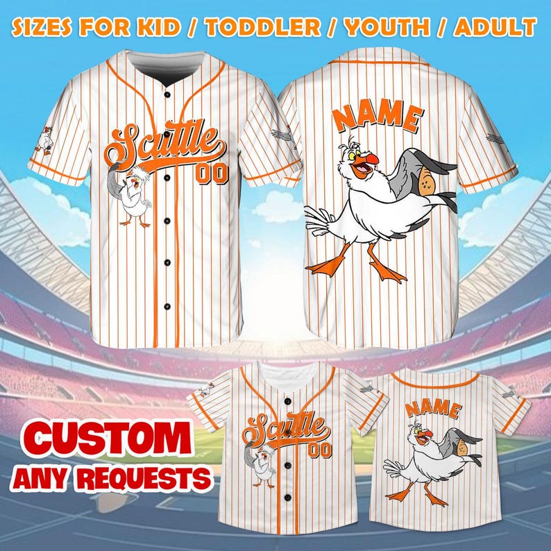May include: White and orange baseball jersey with a cartoon seagull graphic and the text "Scuttle 00". The jersey is available in sizes for kids, toddlers, youth, and adults.