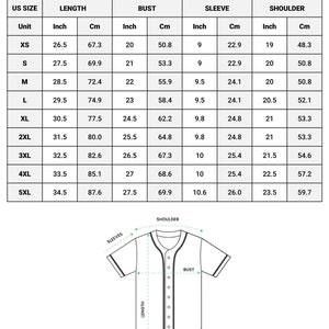 May include: A size chart for a unisex baseball jersey with measurements in inches and centimeters for length, bust, sleeve, and shoulder. The chart includes sizes XS to 5XL.