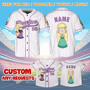 May include: White baseball jersey with purple pinstripes, featuring a cartoon character and the name "Pacifica" with the number "00". The back of the jersey has the name "NAME" and another cartoon character. The text "SIZES FOR KID / TODDLER / YOUTH / ADULT" is at the top.