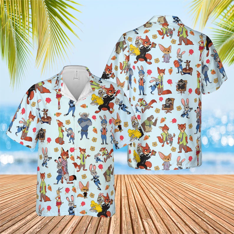 Zootopia Hawaiian Shirt, Disney Judy Summer Vibes Shirt, Nick Wilde Hawaii Shirt, WDW Summer Trip Cosplay Shirt, Animal Metropolis Party Tee image 1