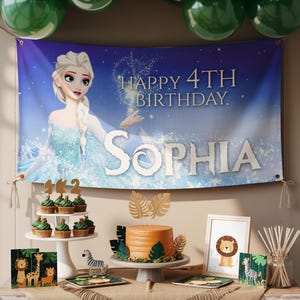 May include: A birthday party scene with a banner featuring a cartoon character and the text "HAPPY 4TH BIRTHDAY SOPHIA." The table displays cupcakes, a cake, and framed animal illustrations. Green balloons are suspended above.