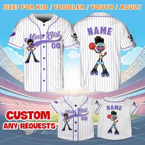 May include: White baseball jerseys with purple pinstripes and cartoon graphics. The jerseys feature the text "Moon Girl" and "00" on the front, and "NAME" on the back. The image also includes the text "SIZES FOR KID / TODDLER / YOUTH / ADULT" and "CUSTOM ANY REQUESTS".