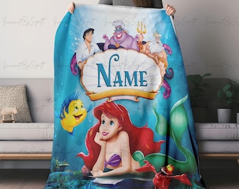Customized Little Mermaid Ariel Blanket, Disney Ariel Baby Name Blanket, Disney Flounder Soft Blanket Gift, Disney Baby Shower Blanket Gift