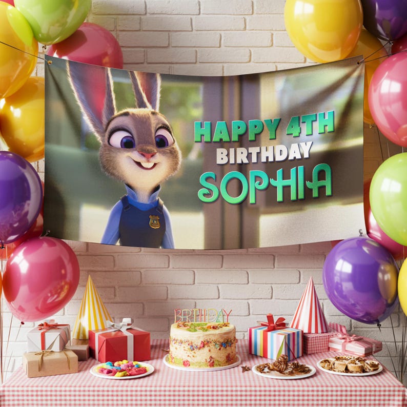 May include: A birthday party scene with a banner featuring Judy Hopps from Zootopia, with the text "HAPPY 4TH BIRTHDAY SOPHIA". Colourful balloons, gifts, a cake, and party hats are on a table covered with a red and white checked tablecloth.