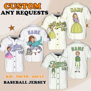 May include: Custom baseball jerseys with pinstripes, featuring cartoon character designs and names. The jerseys are white with various accent colors and the text "CUSTOM ANY REQUESTS" and "KID / YOUTH / ADULT BASEBALL JERSEY".