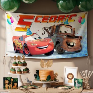 May include: A birthday party scene with a banner featuring the Cars characters Lightning McQueen and Mater, with the name "Cedric" and the number "5". The scene includes a cake, cupcakes, and safari-themed decorations.