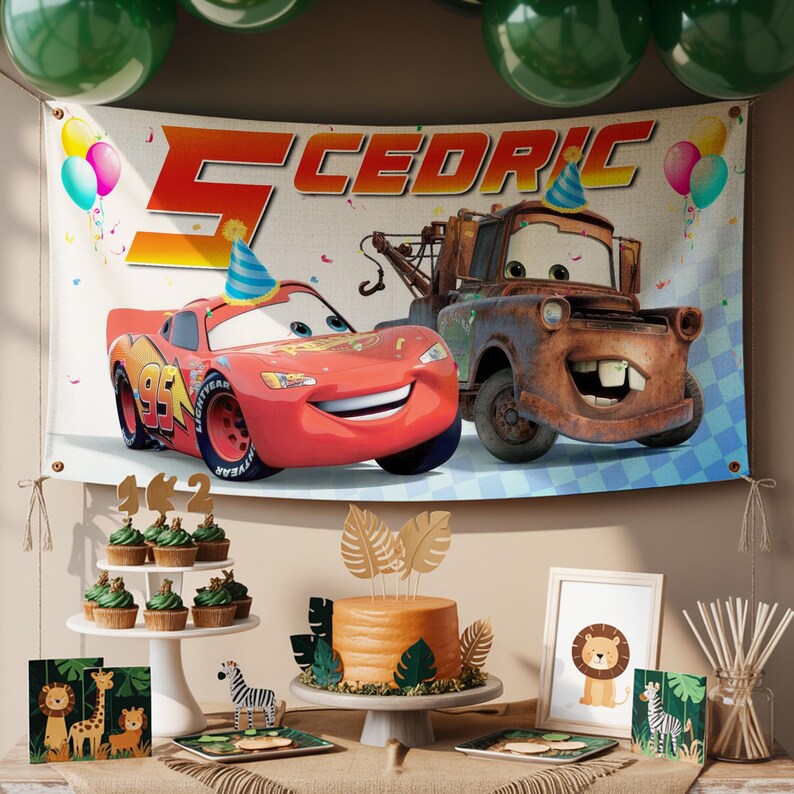 May include: A birthday party scene with a banner featuring the Cars characters Lightning McQueen and Mater, with the name "Cedric" and the number "5". The scene includes a cake, cupcakes, and safari-themed decorations.
