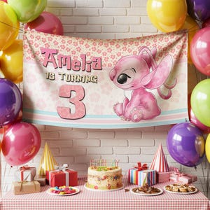 May include: A birthday party scene with a banner that reads "Amelia is turning 3" featuring a pink cartoon character. The scene includes balloons, gifts, a cake, and party hats, all set on a red and white checkered tablecloth.