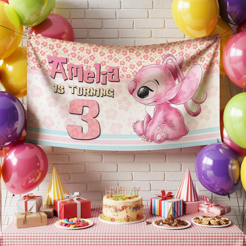 May include: A birthday party scene with a banner that reads "Amelia is turning 3" featuring a pink cartoon character. The scene includes balloons, gifts, a cake, and party hats, all set on a red and white checkered tablecloth.