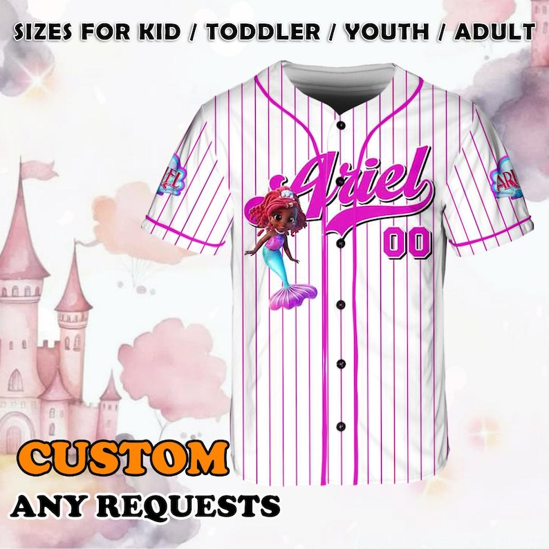May include: White baseball jersey with pink pinstripes, featuring a cartoon mermaid graphic and the name "Ariel". The jersey includes the number "00" and the text "SIZES FOR KID / TODDLER / YOUTH / ADULT" and "CUSTOM ANY REQUESTS".