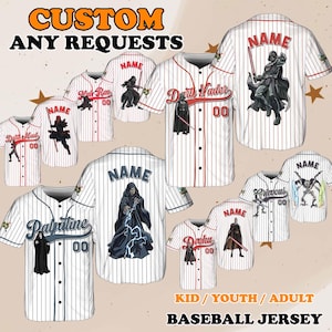 May include: Custom baseball jerseys with various character designs, including Darth Vader and Palpatine. The jerseys are white with red or blue pinstripes and feature character graphics, names, and numbers. Available in kid, youth, and adult sizes.