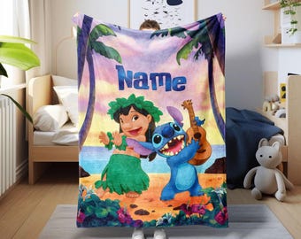 Customized Lilo & Stitch Hawaiian Blanket, Disney Stitch Kid Name Blanket, Lilo and Stitch Fleece Blanket, Disney Family Xmas Blanket Gift
