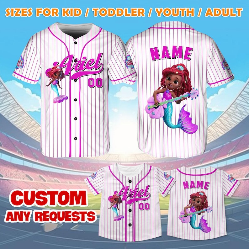 May include: White baseball jersey with pink pinstripes, featuring a mermaid graphic and the name "Ariel". The jersey has the number "00" and the text "CUSTOM ANY REQUESTS". Available in kid, toddler, youth, and adult sizes.