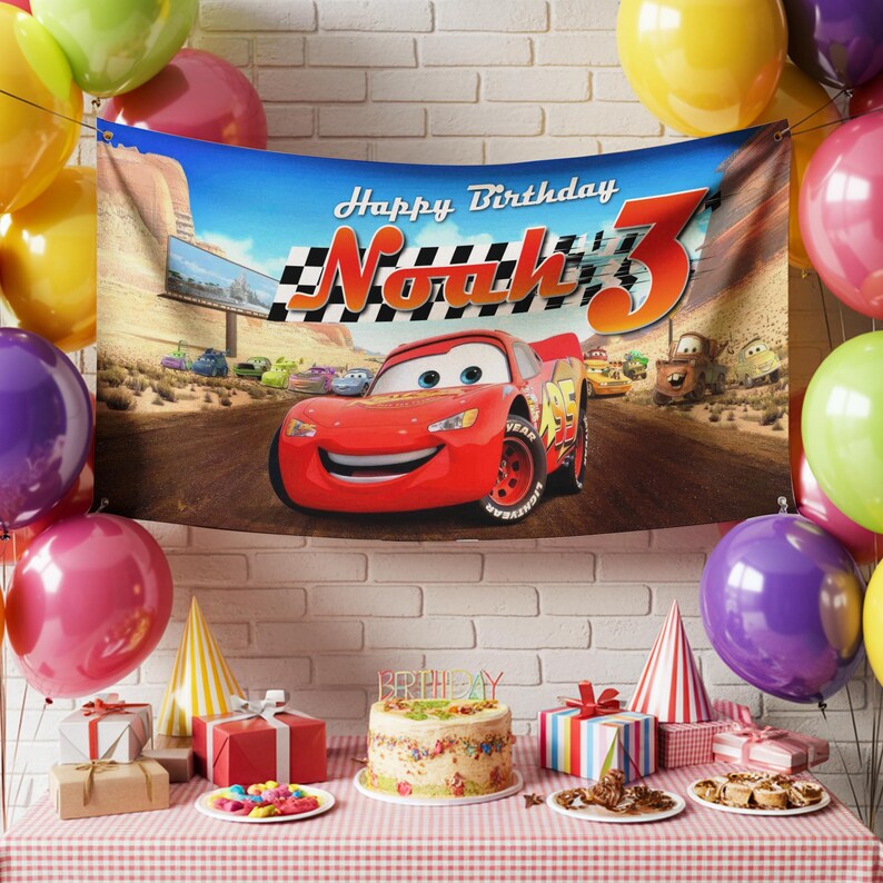 May include: A birthday party scene with a banner featuring Lightning McQueen from the movie Cars. The banner reads "Happy Birthday Noah 3". Colorful balloons, gifts, a cake, and party hats decorate the table. The background is a brick wall.