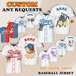 May include: Custom baseball jerseys in various colors, featuring cartoon dog and cat designs. The jerseys have names and numbers, with the text "CUSTOM ANY REQUESTS" at the top and "KID / YOUTH / ADULT BASEBALL JERSEY" at the bottom.