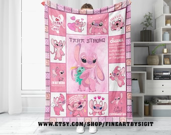 Personalized Lilo & Stitch Angel Blanket, Custom Name Angel Baby Girl Blanket, Stitch Angel Birthday Blanket, Family Party Blanket Gift